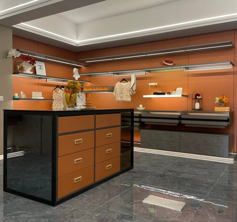 Explore Terra Cognac closet sA rich wood-tone wardrobe design with custom storage