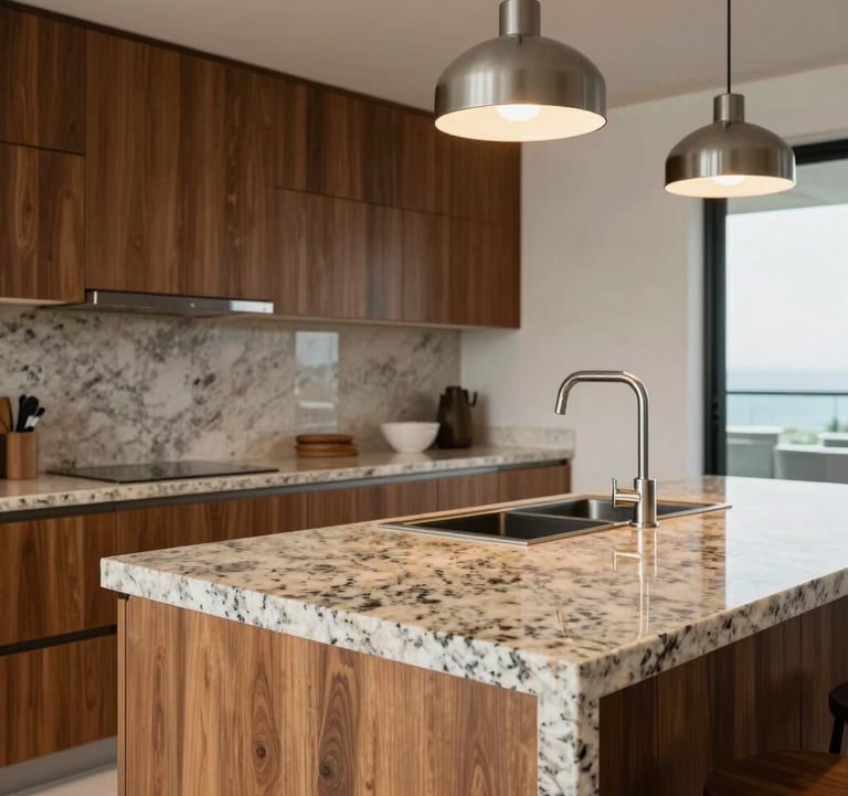 A close-up photograph of a clean, minimalist kitchen design in a South American penthouse, showing off a granite island, polished wood cabinetry, and sophisticated lighting fixtures.
