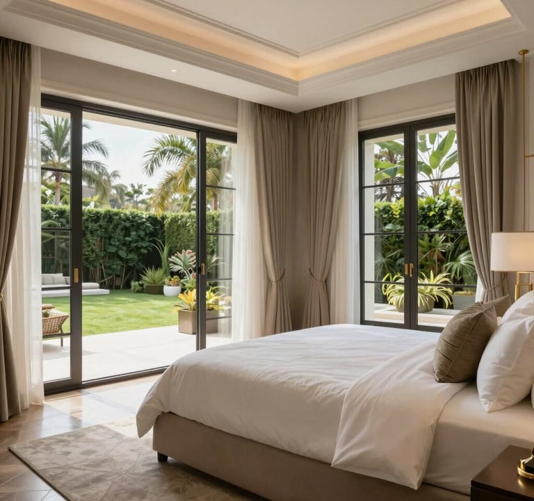 A master suite bedroom in a luxury house in Alphaville. Large windows overlooking a garden, neutral tones with gold accents, and a king-size bed with premium linens. Sophisticated Brazilian interior.