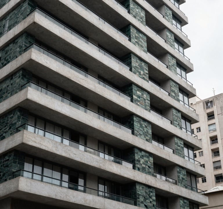 Modern architectural facade of a luxury residential building in the Itaim Bibi district of São Paulo. The design incorporates dark green stone cladding and white concrete. South American / Brazilian metropolis background, sharp architectural detail, daylight photography.
