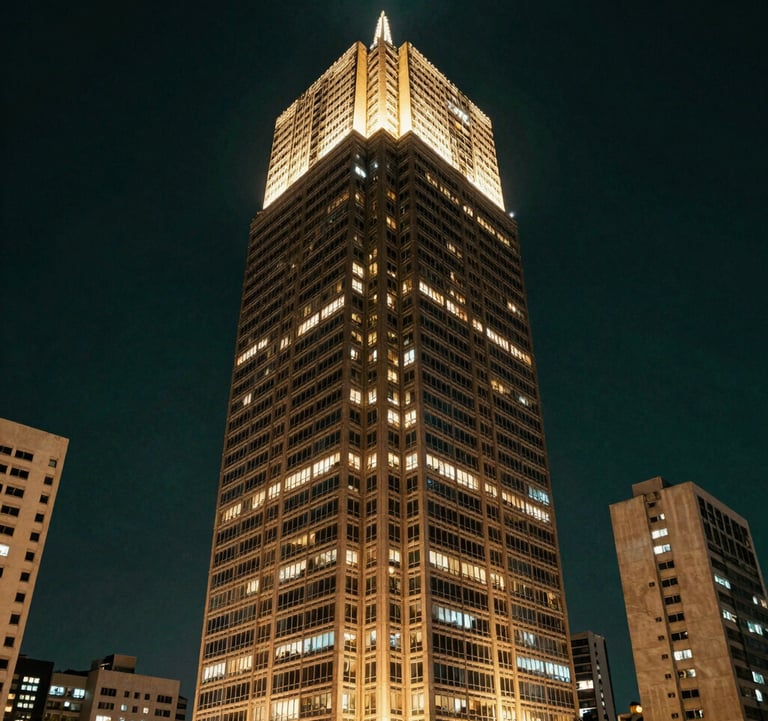 Exterior facade of a modern skyscraper in São Paulo's business district at night, glowing with golden lights against a deep dark green sky. Premium architectural style.
