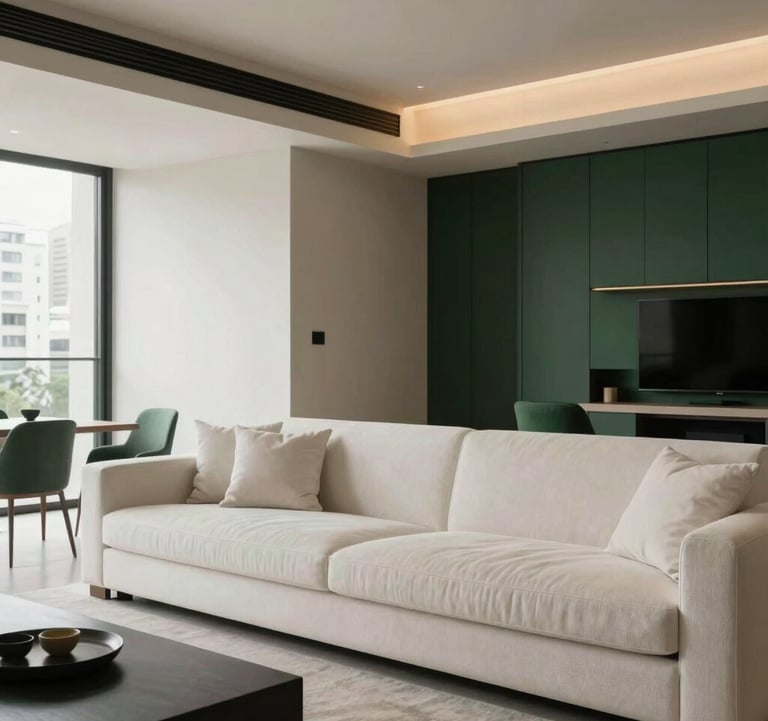 Modern interior of a high-end apartment in São Paulo, featuring clean lines, off-white furniture, and dark green decor accents. The lighting is soft and elegant, typical of a South American / Brazilian premium property.