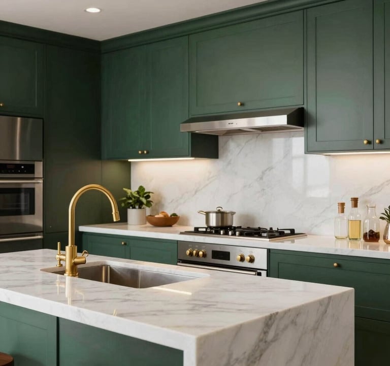 Interior photography of a gourmet kitchen in a high-end Brazilian apartment. White marble countertops, dark green cabinetry, and elegant gold fixtures. Modern and clean aesthetic.