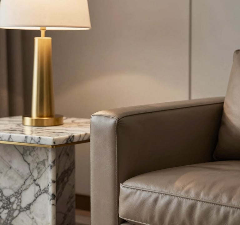 A close-up of a sophisticated Brazilian living room detail. A leather armchair sits next to a marble side table with a gold lamp. Soft lighting, high-end interior design style.