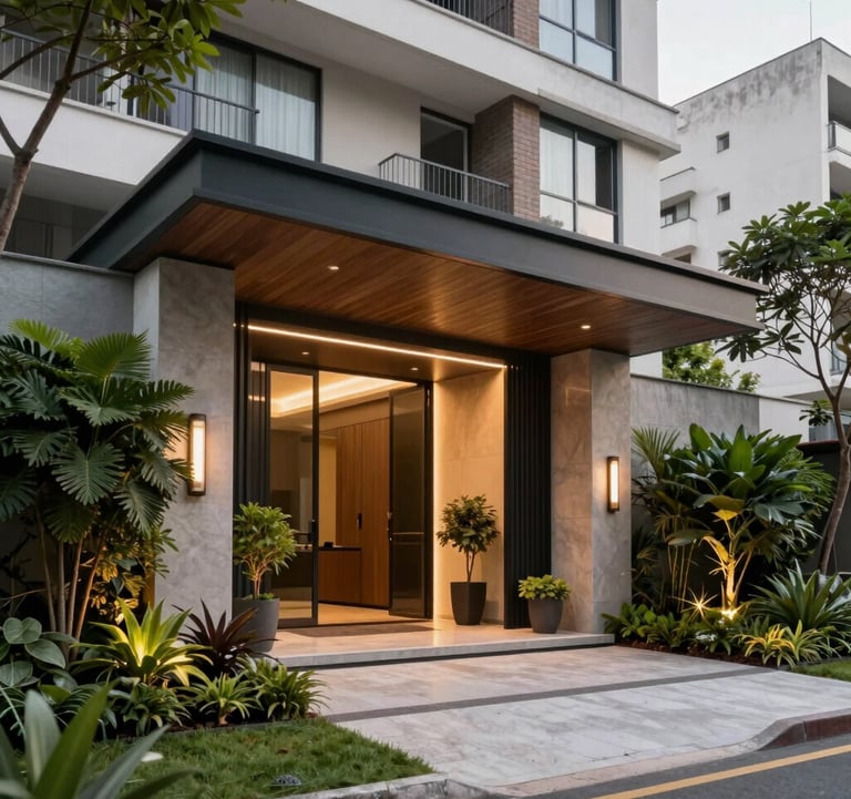 Modern residential entrance with lush landscaping and high-security features in a premium São Paulo neighborhood. Sophisticated architecture.