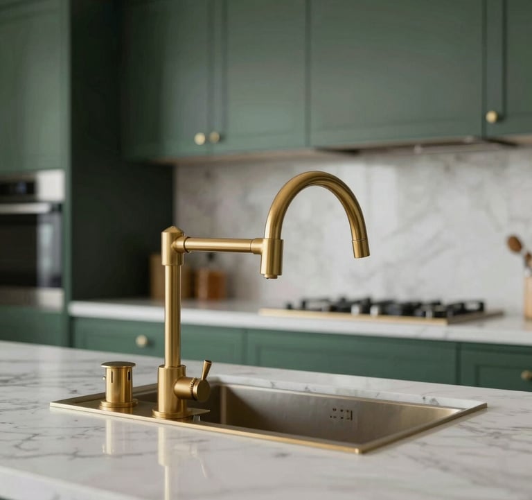 Close-up of a high-end kitchen with gold fixtures, dark green cabinetry, and white marble countertops. A sophisticated South American / Brazilian interior design style.