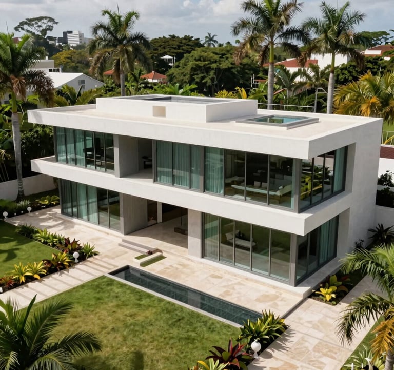 A professional high-angle shot of a luxury estate in Alphaville, featuring contemporary Brazilian architecture with clean lines and expansive glass windows. The property is surrounded by manicured tropical gardens with palm trees. South American / Brazilian residential setting, bright natural lighting, elegant atmosphere.