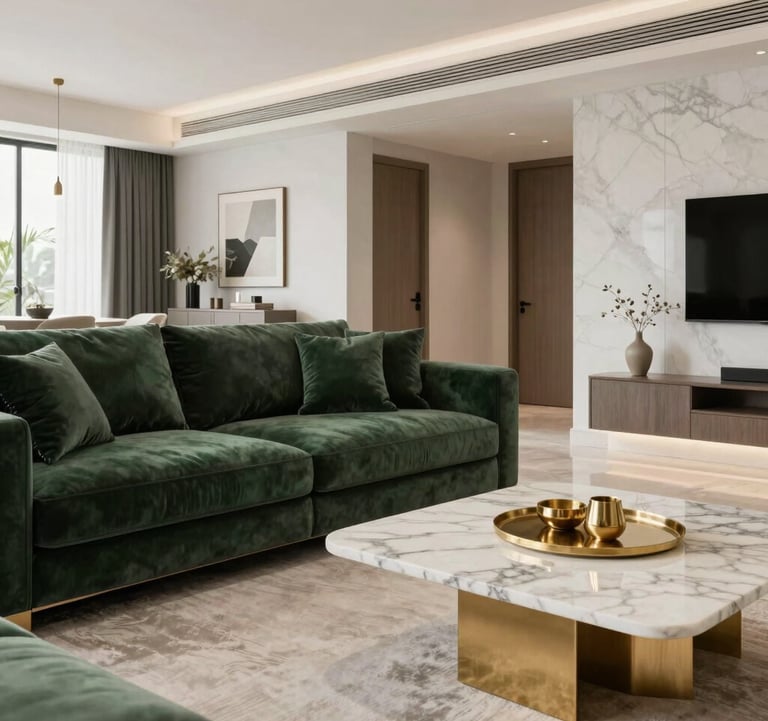 A luxury interior photography shot of a bright living room in a modern Brazilian apartment, featuring high-end furniture in dark green and white tones, with elegant gold accents on a marble coffee table.