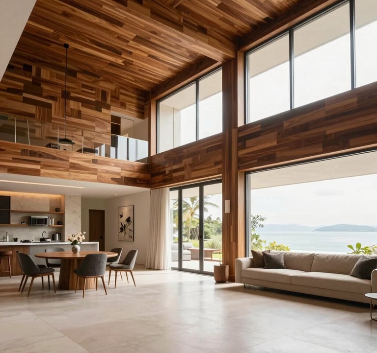 Spacious luxury living area with an open-plan design, featuring high ceilings and elegant Brazilian wood finishes. Bright and airy atmosphere.