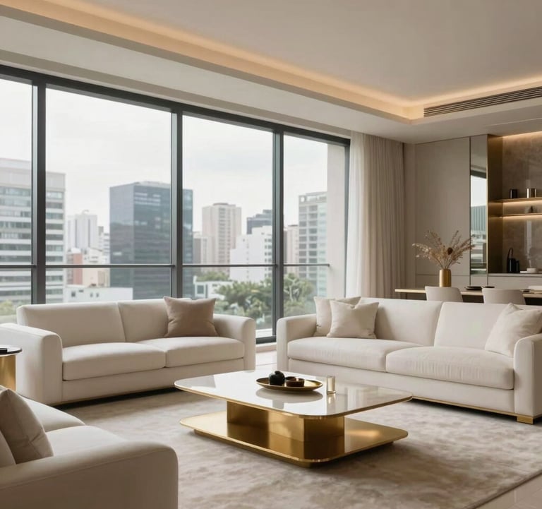 Interior photography of a sophisticated penthouse in Jardins, São Paulo. The scene shows a spacious living area with minimalist luxury furniture in white and off-white tones, with gold accents. Large floor-to-ceiling windows reveal a blurred urban skyline. South American / Brazilian high-end lifestyle.