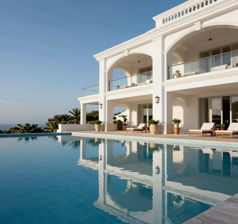 A beautiful architectural photography shot of an infinity pool on a luxury terrace in Alphaville, reflecting the bright blue sky and the elegant white structure of the residence.