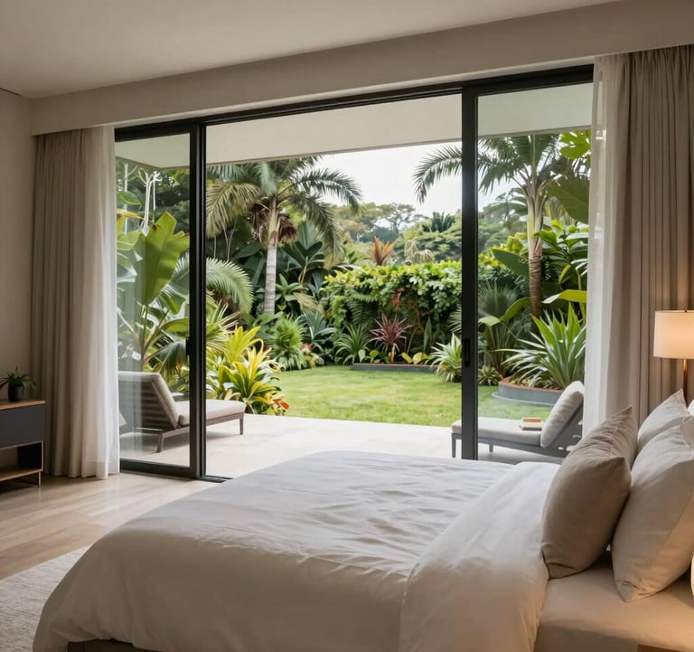 Modern master suite in a premium residence, with soft off-white linens and large windows showing a lush South American / Brazilian garden outside.