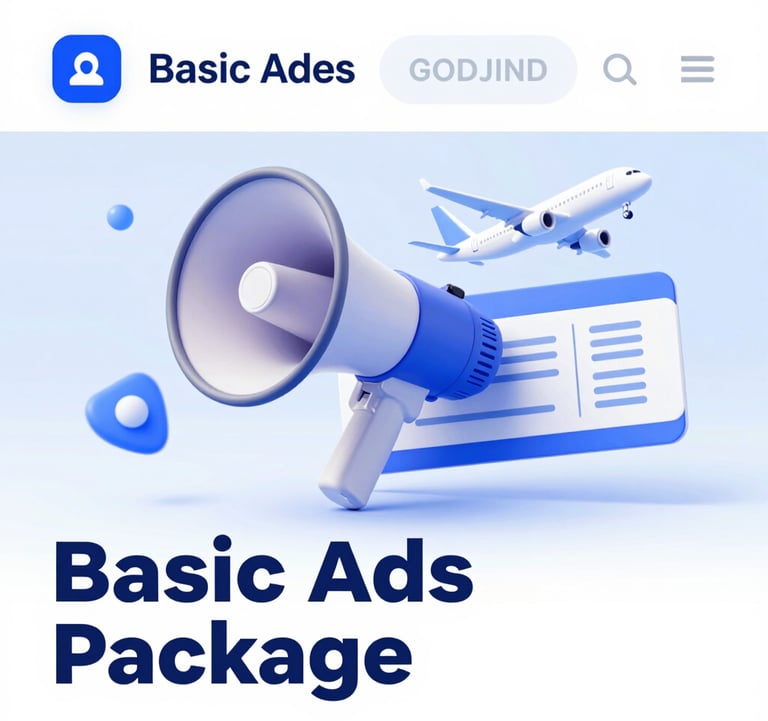 A graphic for 'Basic Ads Package' featuring a megaphone and a plane ticket, styled for a digital marketing agency in blue and white.