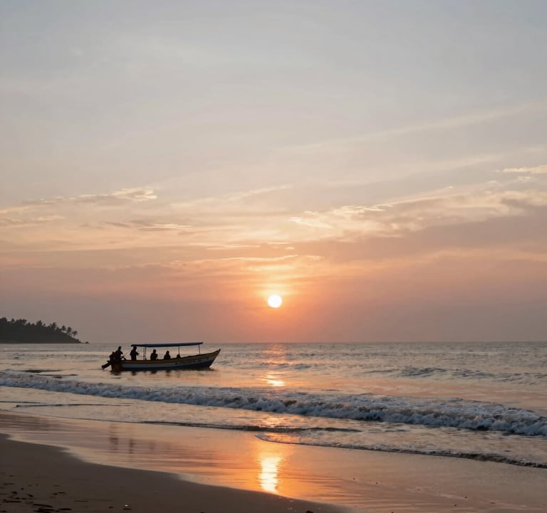 A beautiful cinematic shot of a sunset over a beach in Goa with adventure seekers on a boat in the distance, representing the successful results and growth of the travel businesses Ads24 helps manage.