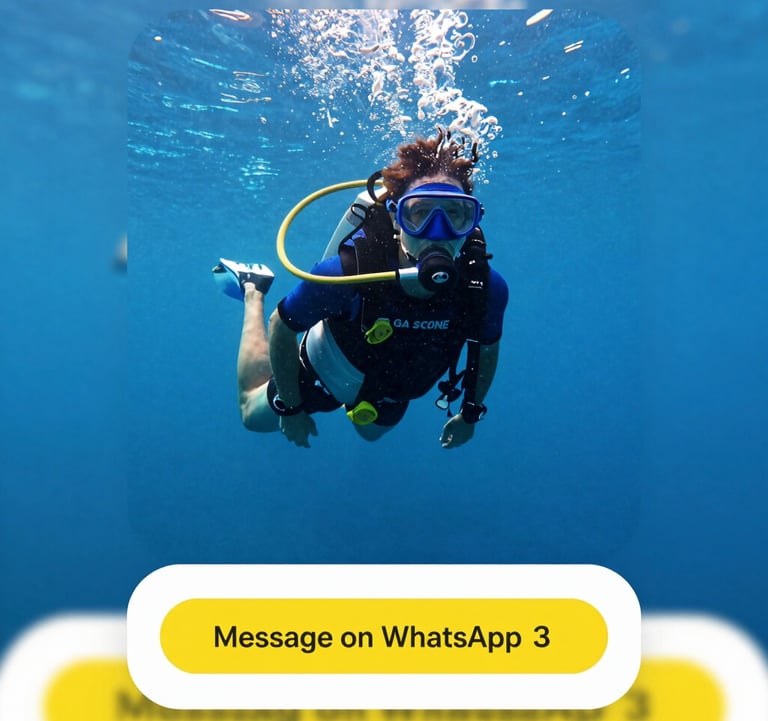 A vibrant digital advertisement for a Goa scuba diving adventure. The design is bold and professional, featuring high-quality underwater photography and a clear 'Message on WhatsApp' button with brand yellow #E0B95B accents.