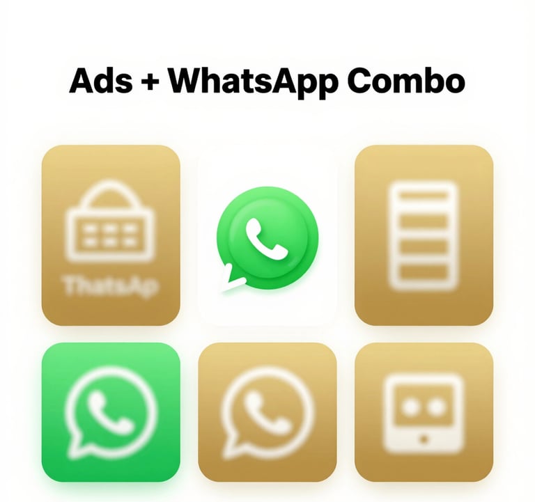 A visual representation of an 'Ads + WhatsApp Combo' package, featuring ad graphics and the WhatsApp logo in a clean, professional layout with #E0B95B gold accents.
