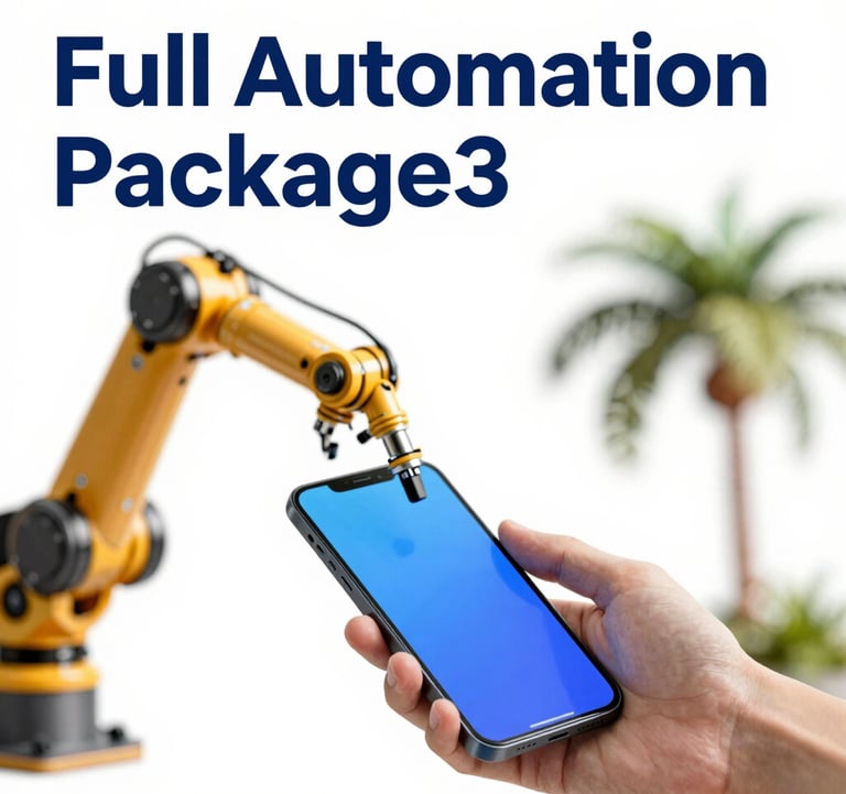 A graphic for 'Full Automation Package' featuring a robotic arm interacting with a mobile phone and a palm tree, using #2C7DA0 and #E0B95B.