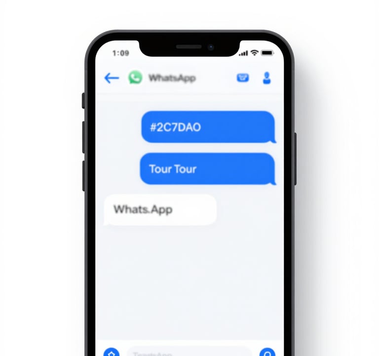 A close-up of a modern smartphone interface showing a WhatsApp chatbot conversation with a travel agency. The UI is clean and incorporates brand colors #2C7DA0 for message bubbles, showing automated responses for booking a tour.