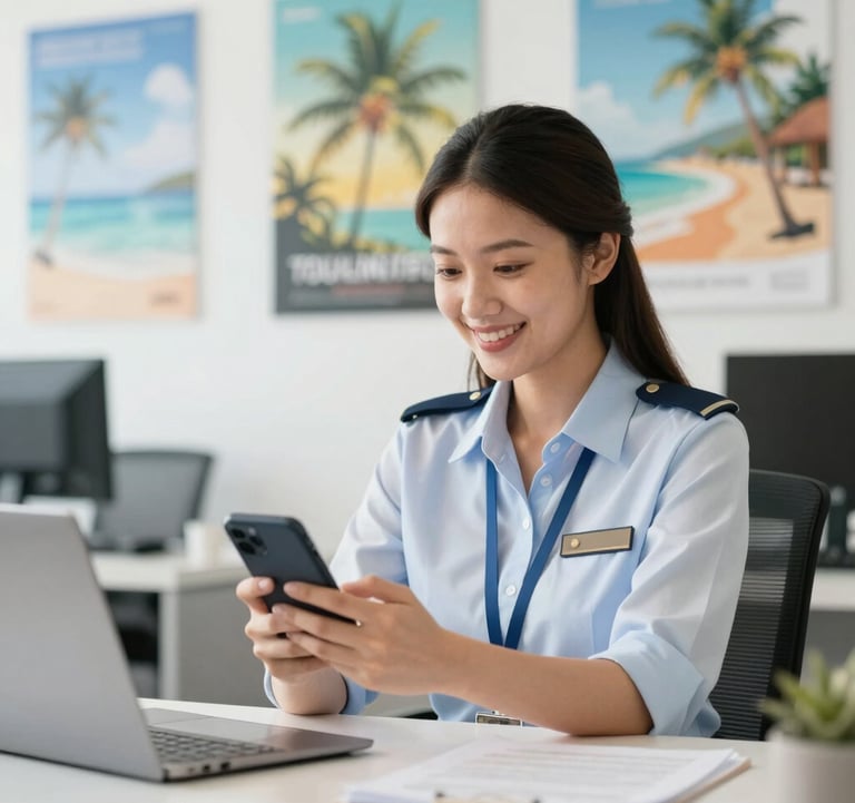 A lifestyle shot of a tour operator smiling while looking at their phone in a sunny tropical office setting. The background shows blurred travel posters and a clean, modern workspace. Lighting is bright and results-oriented.