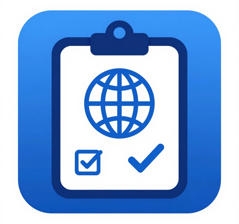 A flat design icon or graphic representing travel business setup: a clipboard with a globe icon and social media checkmarks, using #2C7DA0 and #0F2C3D colors.