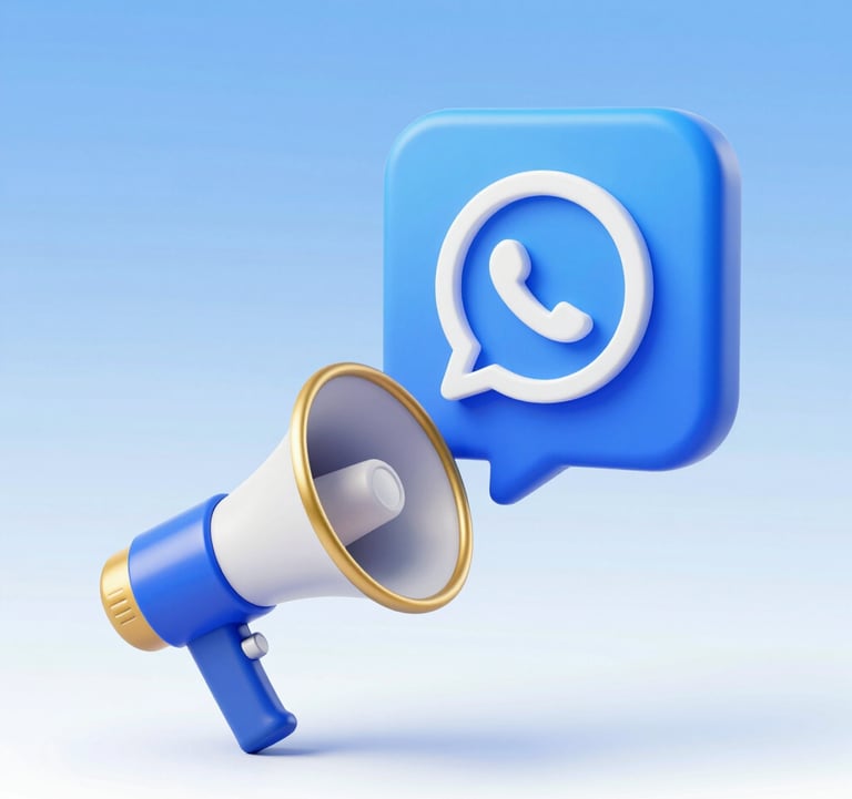 A vibrant digital graphic showing a 3D icon of a WhatsApp message bubble emerging from a megaphone. The color scheme focuses on the brand's blue #2C7DA0 and the gold #E0B95B to signify growth and communication efficiency.