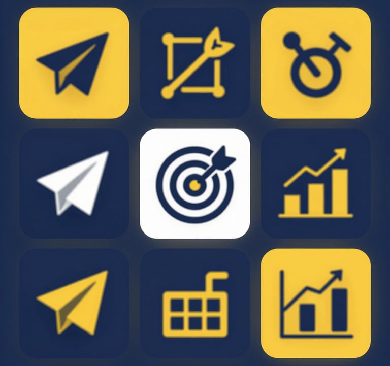 A collection of stylized icons representing travel and marketing: a paper plane, a target with an arrow, and a bar chart, all rendered in a modern flat-lay style using the brand palette colors #0F2C3D and #E0B95B.