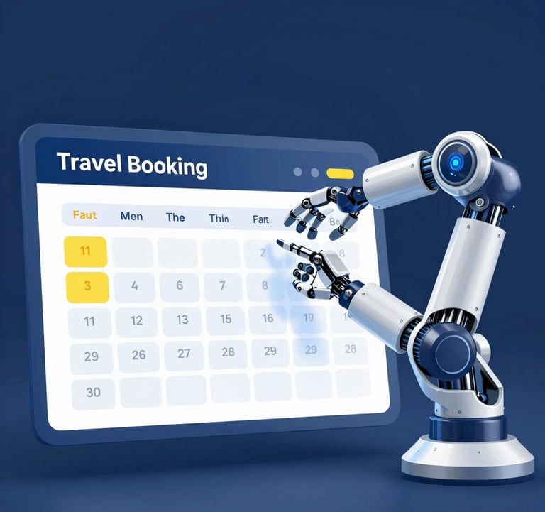 A digital illustration of a robotic arm or chatbot interface interacting with a travel booking calendar. High-tech and automated feel, using the #0F2C3D and #2C7DA0 palette with yellow #E0B95B highlights.
