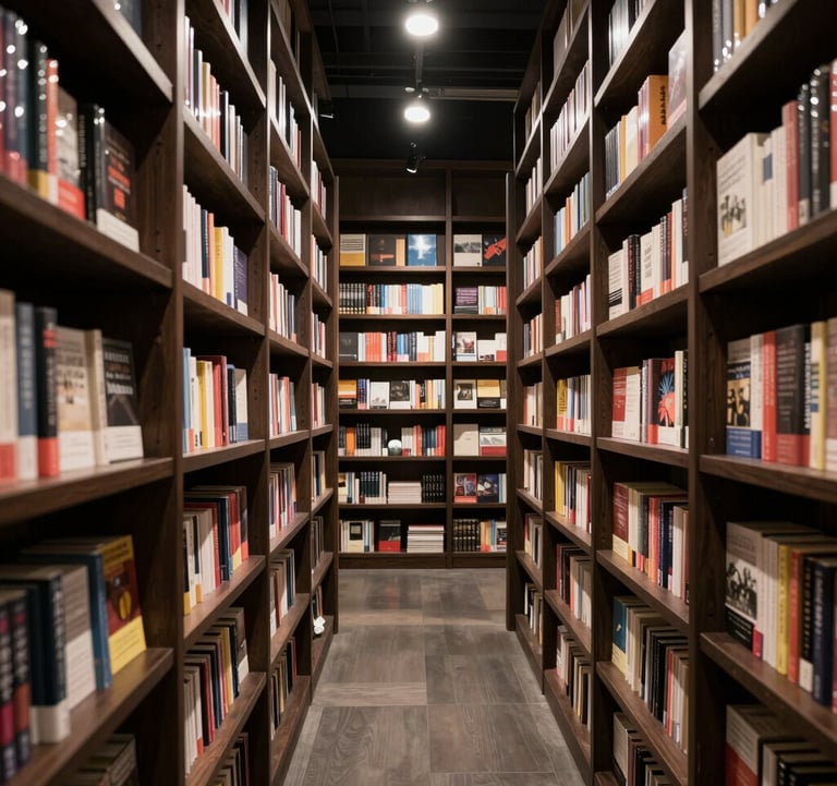 A wide photography shot of an elegant, modern bookstore aisle in North America at night. Dark wood shelves are filled with books, illuminated by soft off-white spotlights that create a cinematic, high-contrast atmosphere of intellectual discovery.