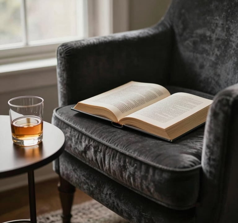 A sophisticated, moody photograph of an open book on a velvet armchair. A single glass of amber liquid sits on a side table. Soft, off-white morning light spills through a window. North American / US interior style, cinematic focus.