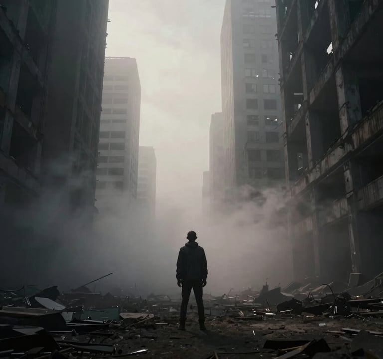 A dramatic, high-contrast photograph of a lone figure standing in a vast, foggy urban ruin. The lighting is cinematic and moody with deep steel gray tones and slivers of off-white light cutting through the haze. North American / US context.