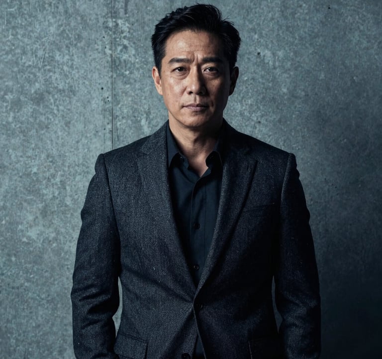 A cinematic professional portrait of an author in a dark, structured blazer, standing against a muted blue-gray concrete wall. The lighting is dramatic and high-contrast, capturing a sophisticated and intelligent expression, North American / US urban style.