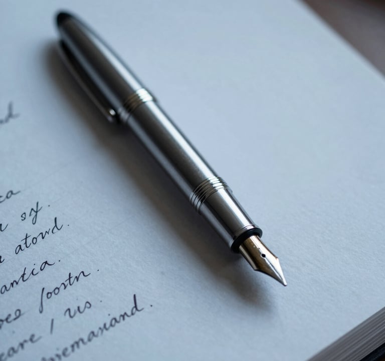 Close-up photography of a sleek fountain pen resting on a handwritten manuscript page. The scene is lit with cool blue-gray tones and deep shadows, emphasizing the texture of the paper and the metallic gleam of the pen, North American / US office context.