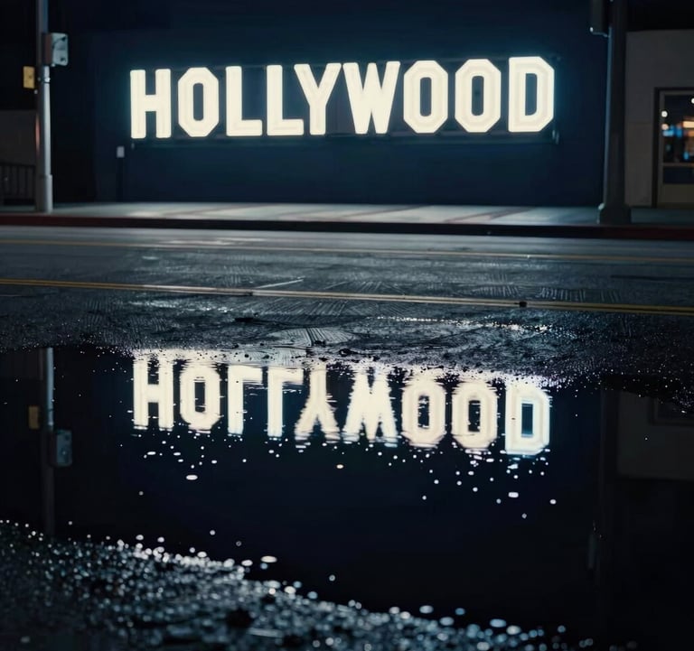 A high-contrast, cinematic photograph of a bright neon sign reflecting in a puddle on a dark Los Angeles street at night. The colors are dark blue and steel gray with sharp off-white reflections, capturing a vibe of Hollywood satire.