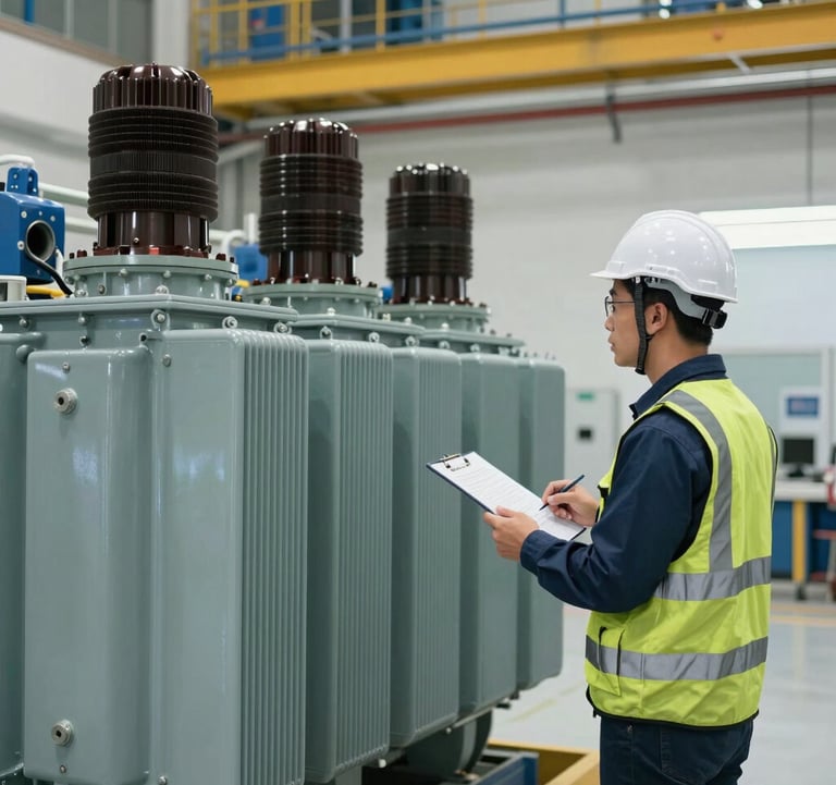 A focused professional engineer in a hard hat inspecting a large industrial electrical transformer at a Southeast Asian facility, clean and modern engineering environment with blue and steel gray tones.
