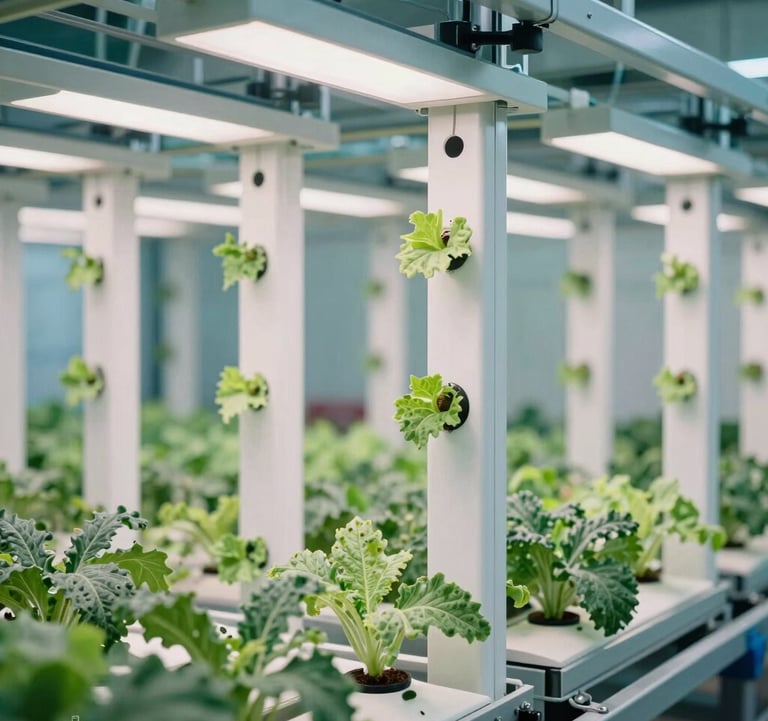 A high-tech hydroponic vertical farming system inside a Southeast Asian / Malaysian facility, showcasing Buraq Barakah agro-technology. The lighting is vibrant with soft white and muted teal tones, emphasizing sustainable agricultural innovation.