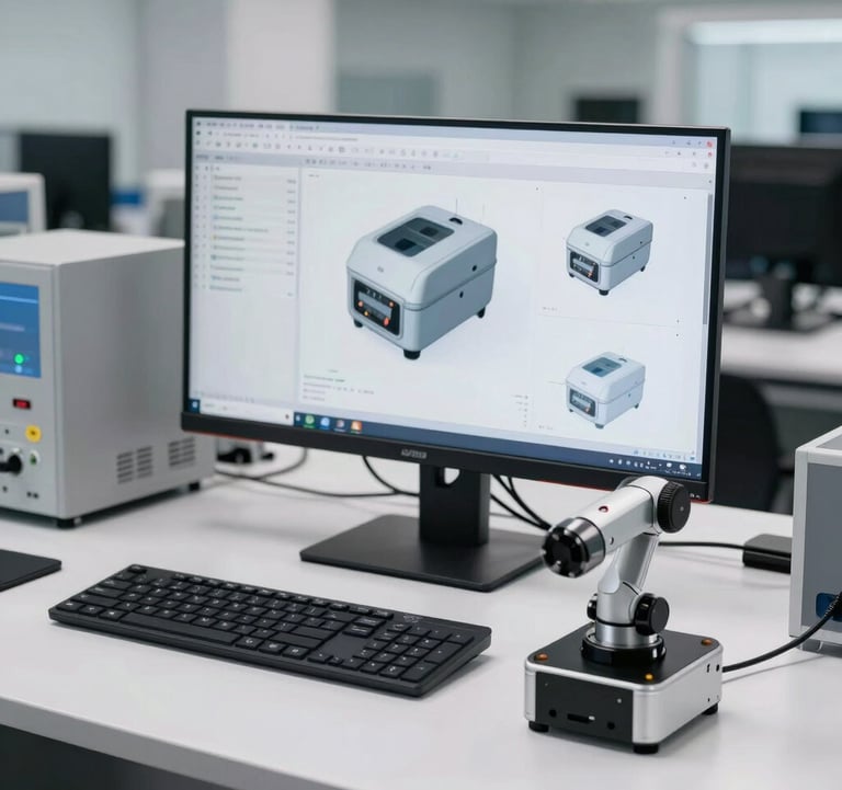 A bright, innovative R&D lab in Malaysia with a workstation showing 3D product designs on a high-resolution monitor and a small robotic prototype on a clean white desk.