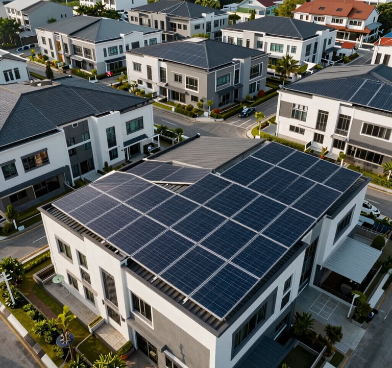 A wide shot of a modern residential neighborhood in Malaysia with sleek solar panel systems installed on rooftops, representing Intervolts' renewable energy services.