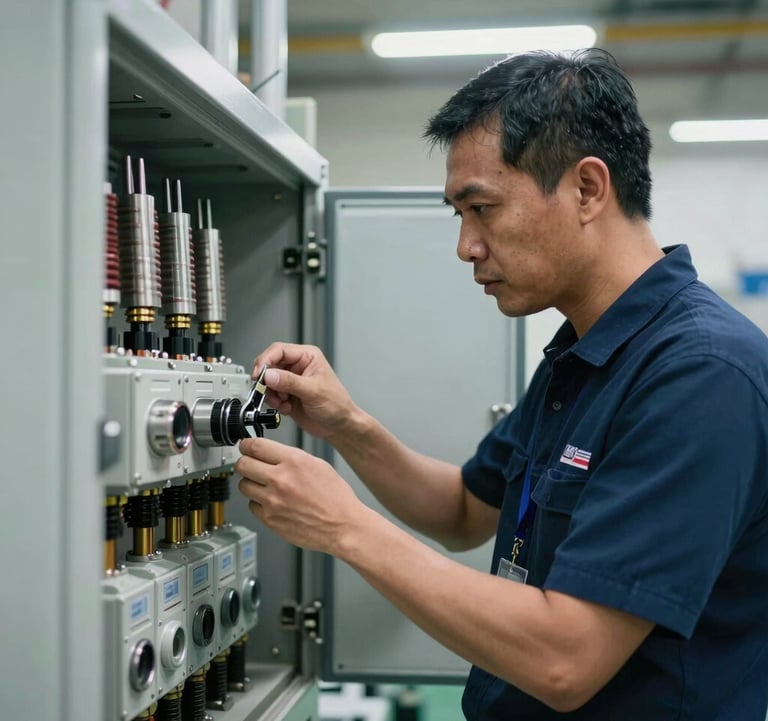 A focused Malaysian engineer in a professional workshop environment inspecting high-voltage switchgear components, illuminated by clean industrial lighting.