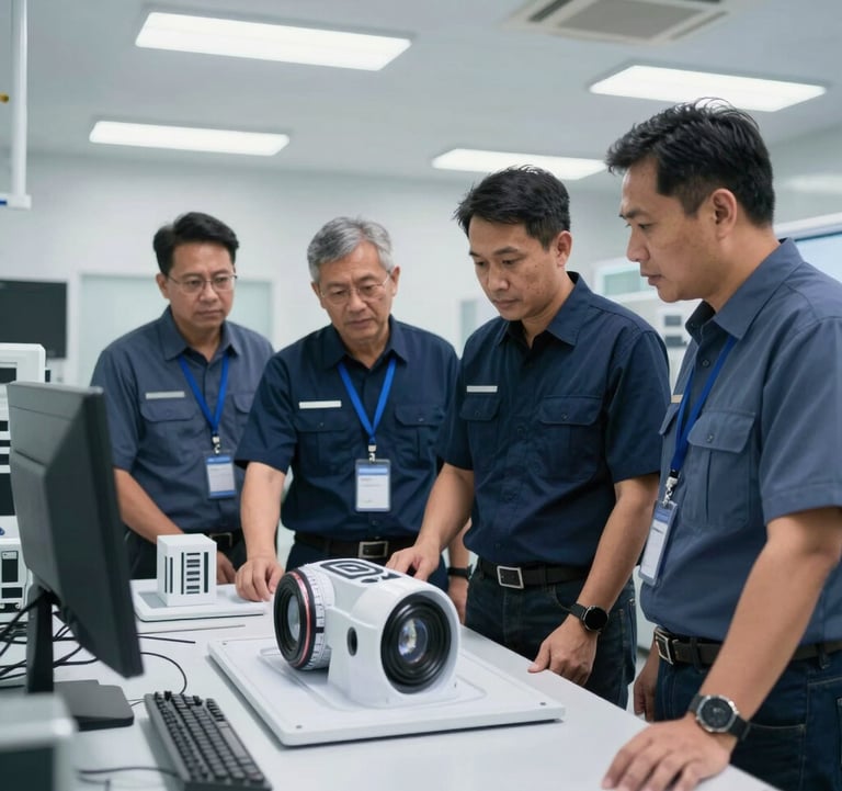 A group of Southeast Asian / Malaysian engineers wearing navy and slate blue uniforms, reviewing a 3D product prototype in a modern R&D lab with bright, clinical lighting and high-tech equipment.