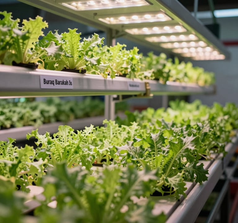 A vibrant indoor vertical hydroponic farm in Malaysia, showing rows of fresh greens under specialized LED growth lights, representing Buraq Barakah Barakah's technology.