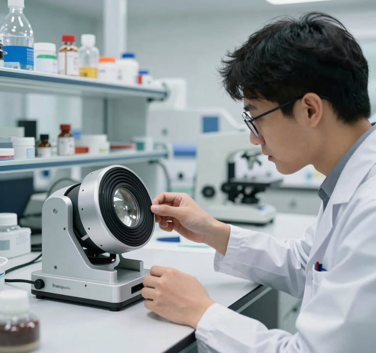 A bright, clean laboratory setting in Malaysia where a product designer is examining a high-tech prototype, emphasizing the R&D focus of Vexty Engineering.