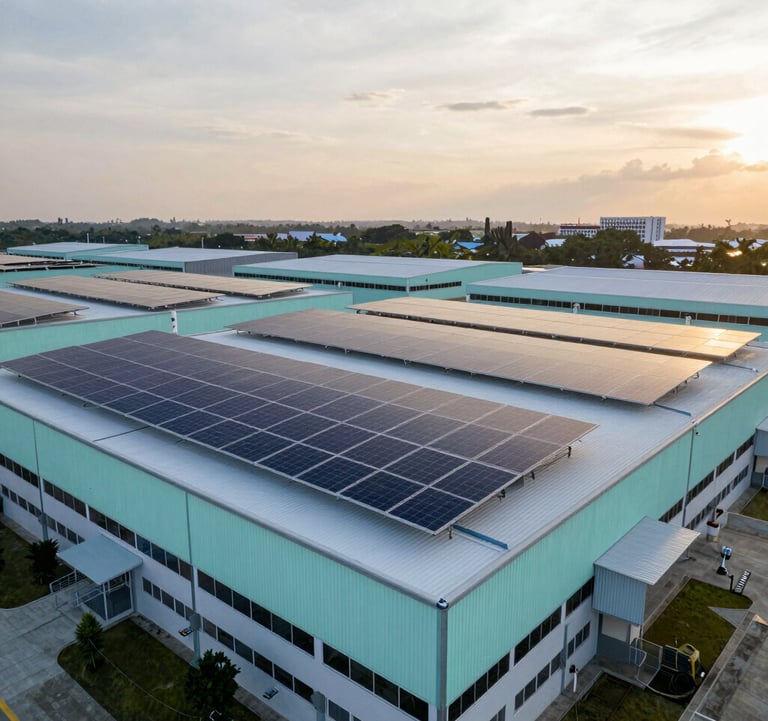 A wide shot of a modern industrial facility in Malaysia during golden hour, with solar panels installed on the roof. The scene is clean and innovative, featuring a palette of dark blue and seafoam.