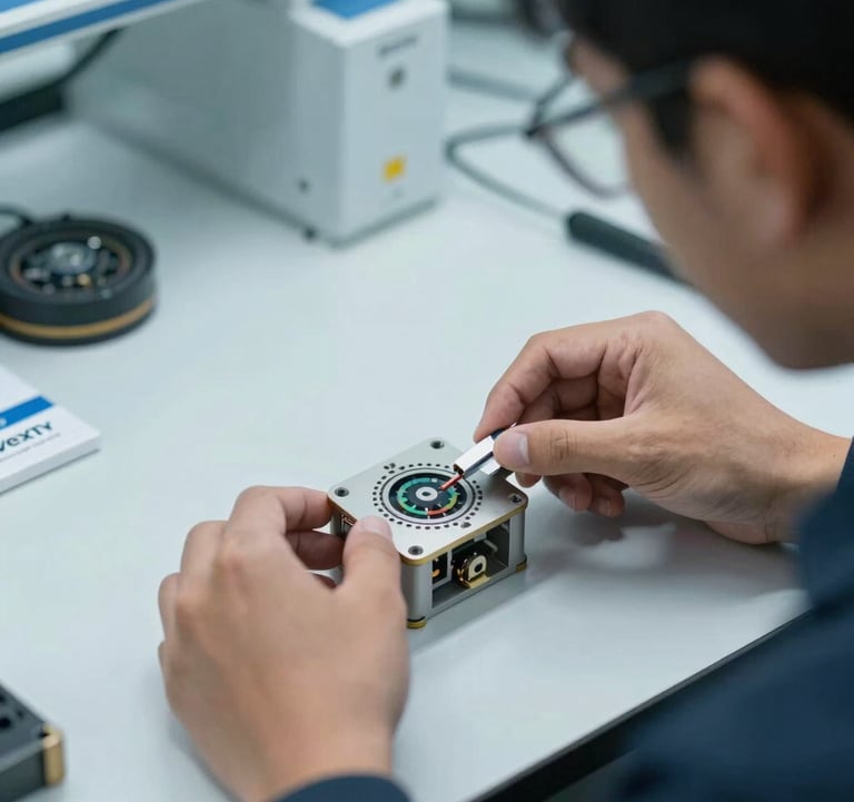 A close-up of a Southeast Asian / Malaysian product designer working on a hardware prototype in a clean, modern R&D lab for Vexty Engineering. The composition features soft lighting and a professional color scheme of light blue and white.