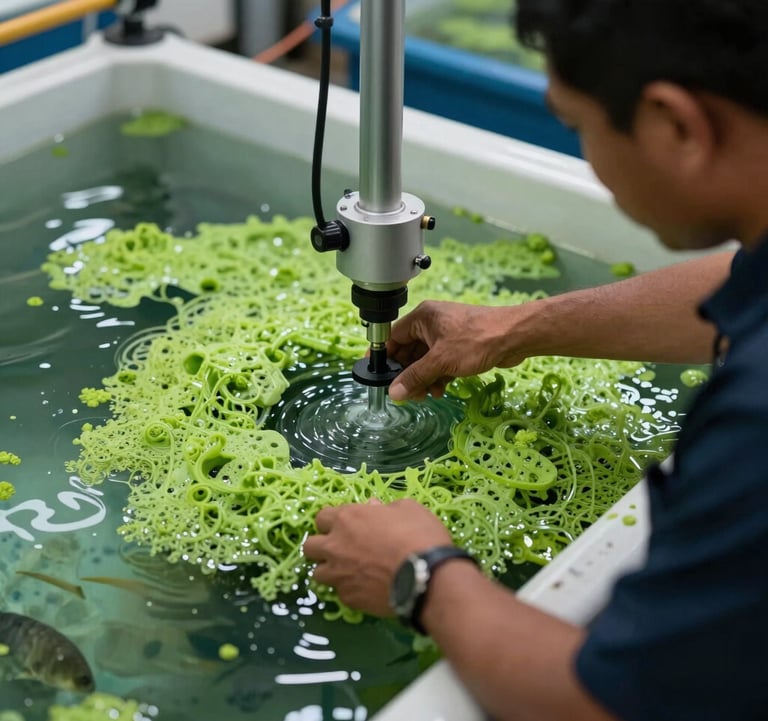 A close-up photograph of a Malaysian technician using an automated aqua system to manage fisheries technology, featuring seafoam green and clear water textures.