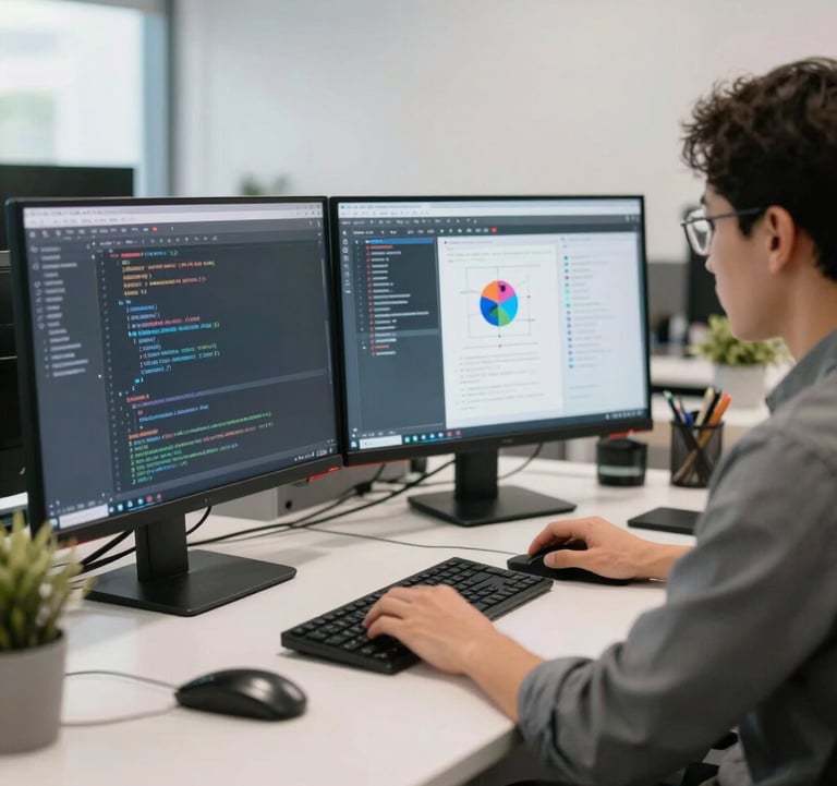 A bright, clean office space in Malaysia where a designer is working on a software development project. The desk features multiple monitors showing code and product designs, in a professional and innovative atmosphere.