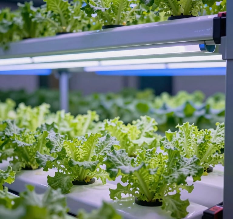 A state-of-the-art hydroponic farm in Southeast Asia with layers of vibrant green leafy vegetables under precision-controlled cool white and soft blue LED lighting.