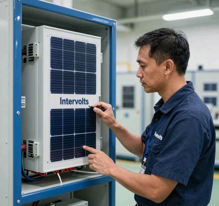 A professional Southeast Asian / Malaysian electrical engineer inspecting a modern solar power inverter system in a high-tech facility, representing Intervolts engineering excellence. The scene is bright and clean with navy blue and slate blue industrial accents.