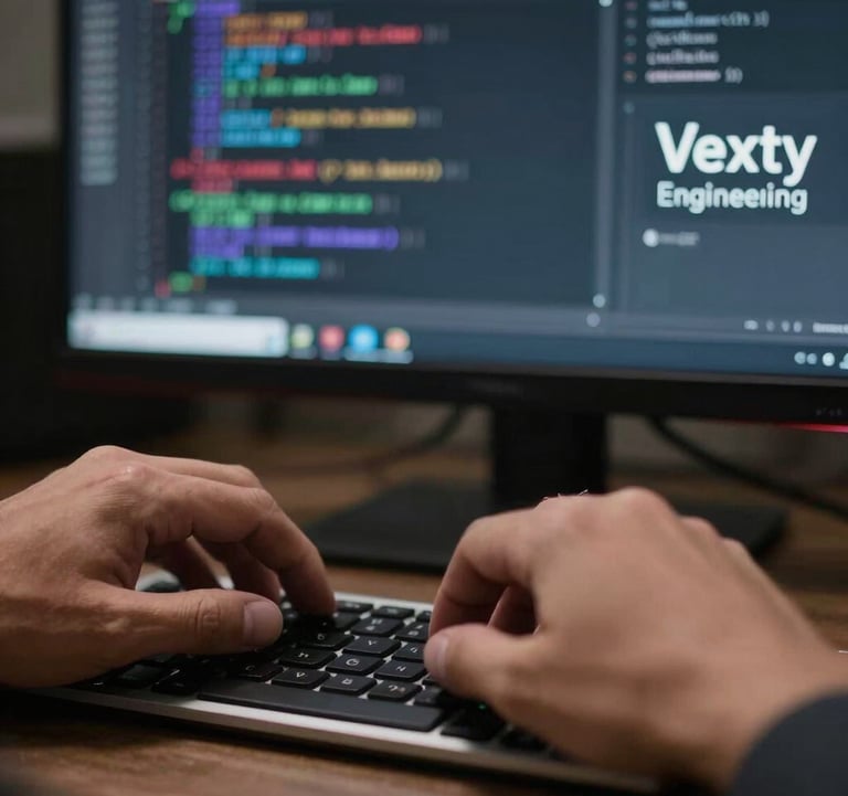 A close-up of a Malaysian software developer's hands typing on a modern keyboard, with high-tech code displayed on a blurred screen in the background, representing Vexty Engineering.