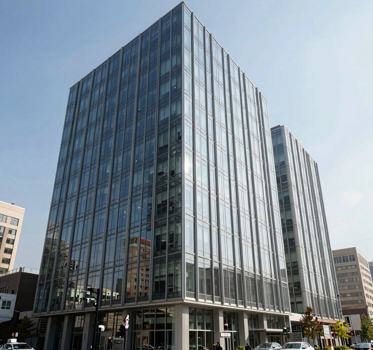 Clean, sharp architectural photography of a contemporary commercial building with glass facades and sharp angles, set in a North American business hub under bright, natural daylight.