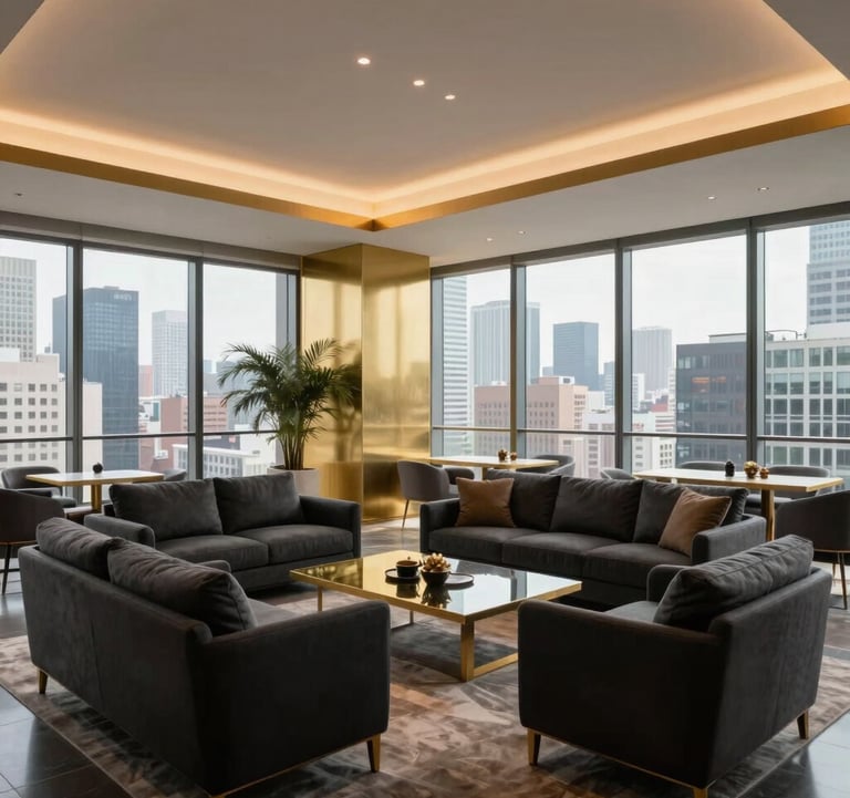 A professional interior shot of a luxury property lounge, featuring high ceilings, gold accents, and deep charcoal furniture, overlooking a city skyline through floor-to-ceiling windows.